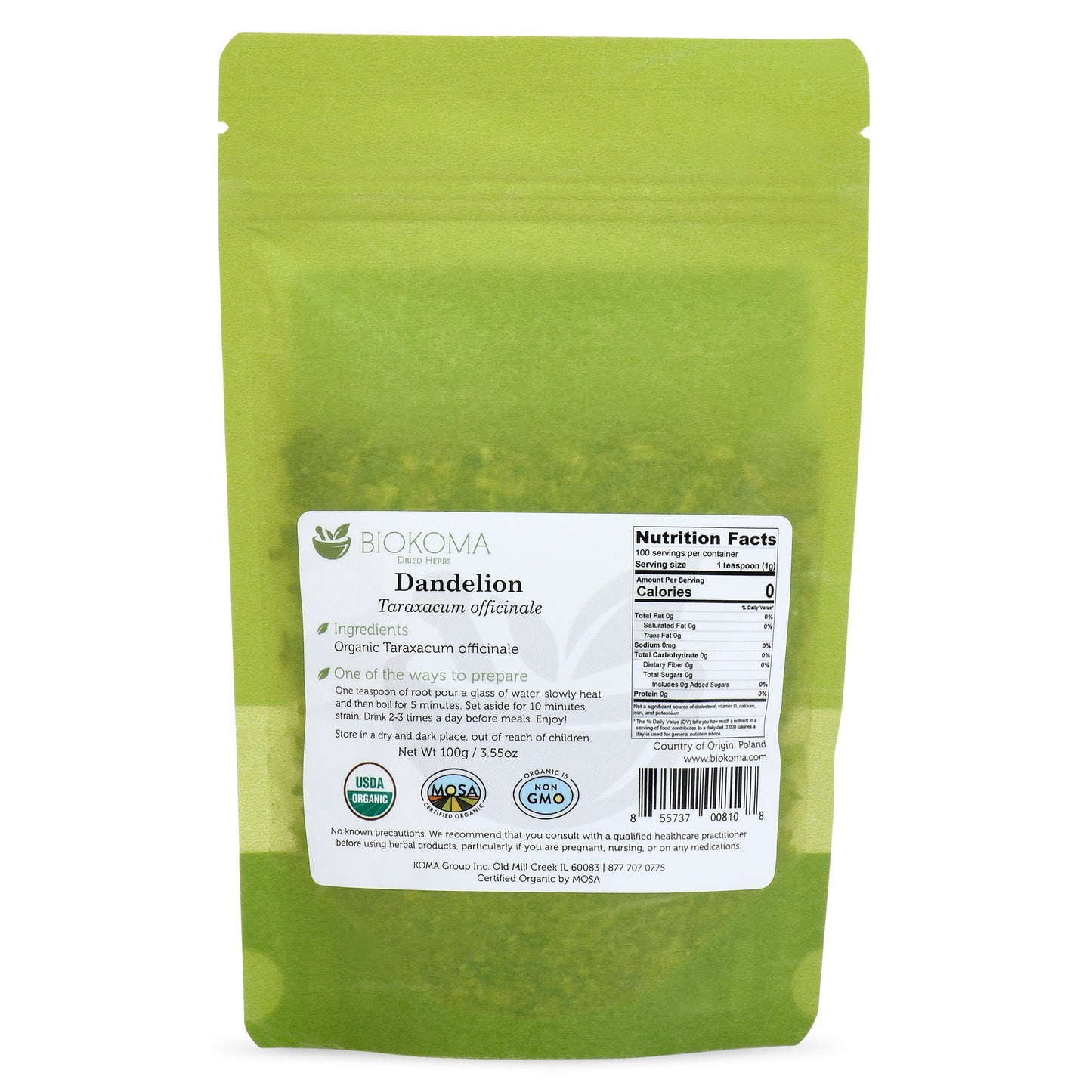 Dandelion Organic Dried Root 100g 3.55oz